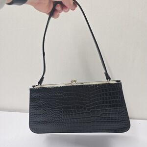 Bebe Womens Black Faux Crocodile Embossed Kiss Lock Frame Shoulder Bag Y2K Retro